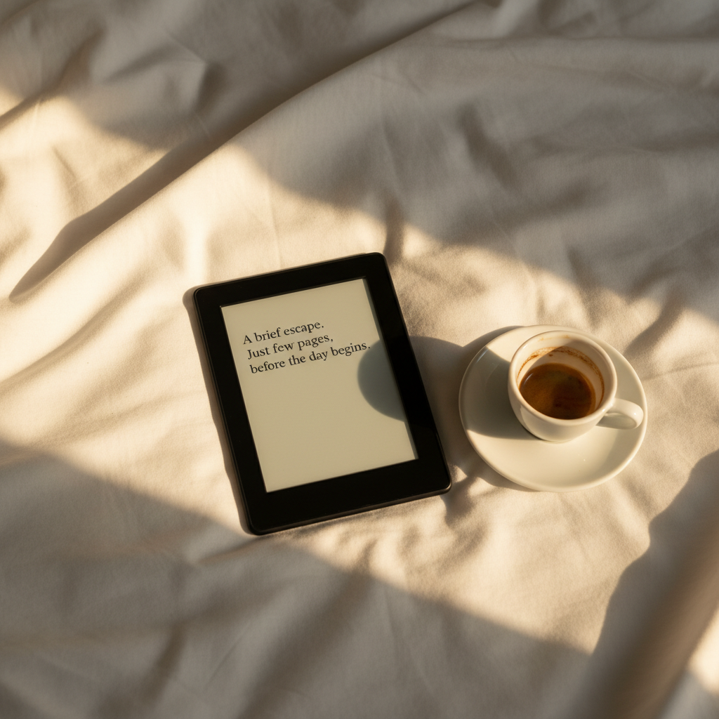 A slim e-reader with a matte black frame displays a single, elegantly spaced page of text, resting on crisp white bedsheets that are slightly rumpled, implying brief, stolen reading moments. A small porcelain saucer with a half-finished espresso sits nearby, a thin ring of coffee clinging to the cup’s interior. Golden hour sunlight slants in from the left, washing the scene in a warm, sophisticated glow and producing soft, diffused shadows in the folds of the fabric. Photographic realism, captured from a slightly elevated angle with the e-reader framed by negative space, creating an intimate, minimalist composition that suggests short, satisfying stories enjoyed in quiet interludes.