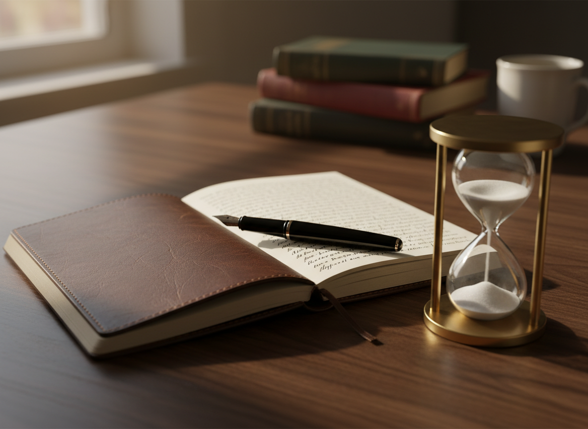 A slim, leather-bound notebook lies open on a dark walnut desk, a sleek black fountain pen resting diagonally across a half-filled page of tiny, neat handwriting. Beside it, a minimalist sand timer with fine white grains is mid-fall, suggesting fleeting attention spans and perfectly measured story time. Soft morning light filters through an unseen window, casting elongated, gentle shadows and subtle highlights on the notebook’s textured cover. In the blurred background, a small stack of classic hardbound books creates a sophisticated literary ambiance. Photographic realism, shot at eye level with a shallow depth of field, focuses on the notebook and timer as metaphors for concise storytelling, evoking a calm, contemplative, and slightly mysterious mood.